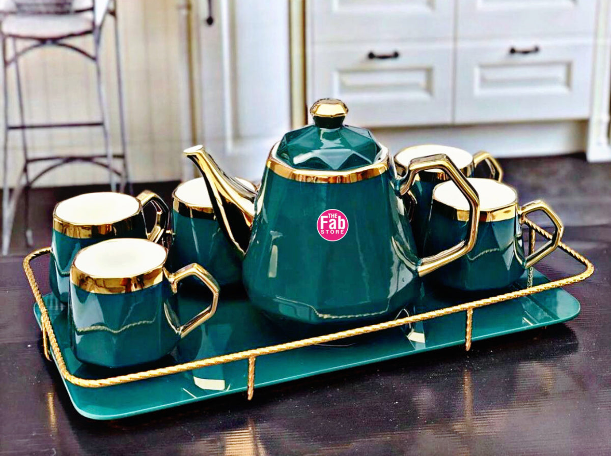 Teal tea set with serving tray – The Fab Store